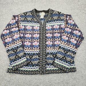 Squaw Valley Wool Cardigan Sweater Womens M Blue Floral Zip Up Vintage Boho Folk
